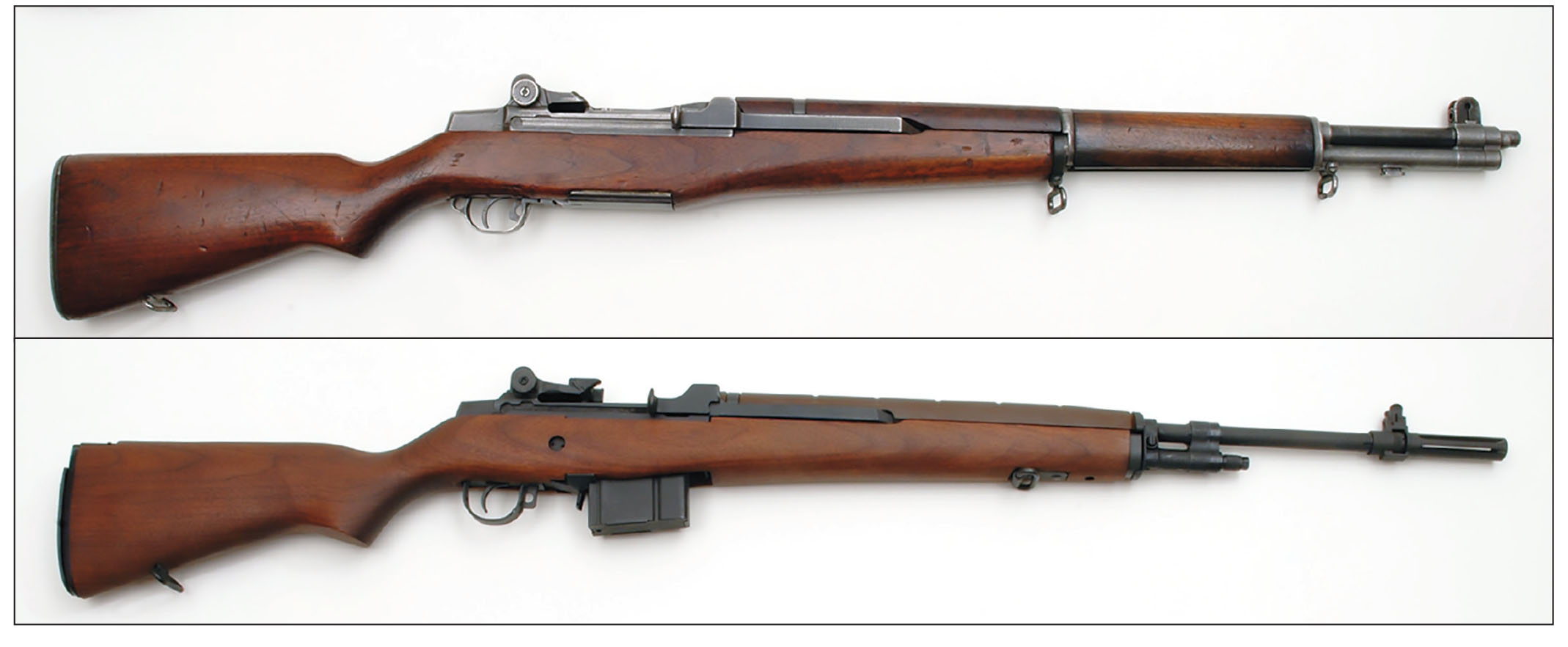 The M1 30 Garand (top), was adopted in 1936 and served until replaced by the M14 7.62mm (bottom) in 1957.